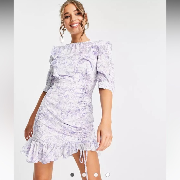 ASOS Dark Pink UK Ruched Floral Mini Dress Frill Purple Flower Print NWT US 14 - Picture 1 of 8